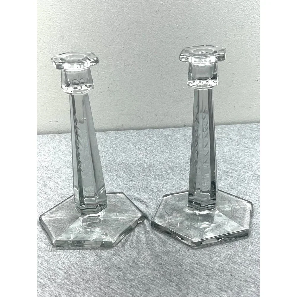 Vintage Clear Etched Glass Octagonal Base Candle Holders Set Of 2 Elegant Design